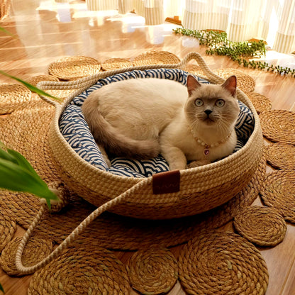 OUZEY 2024 New Rattan Woven Cat Bed Pet Nest All Seasons Comfortable Sleeping 35/40Cm Cat Nesk round Cat House Puppy Dog Bed