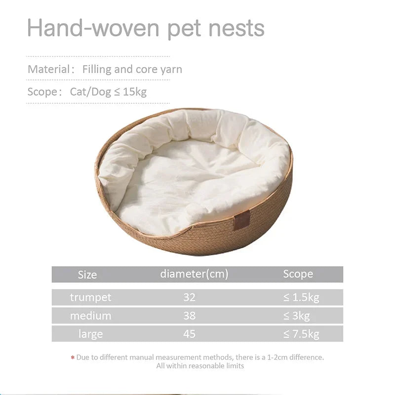 Pet Bed Soft Cat Kennel Dog Beds Sofa Bamboo Weaving Four Season Cozy Nest Baskets Waterproof Removable Cushion Sleeping Bag