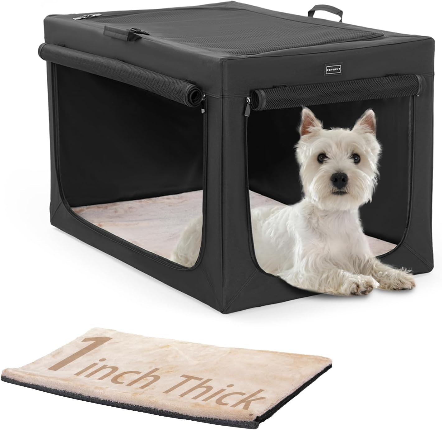 Portable Dog Crate, Soft Dog Crate - 24 Inch Easy Set-Up, Light, Sturdy, Comfy inside with Thicken Mat, Collapsible Crate for Home and Travel Black